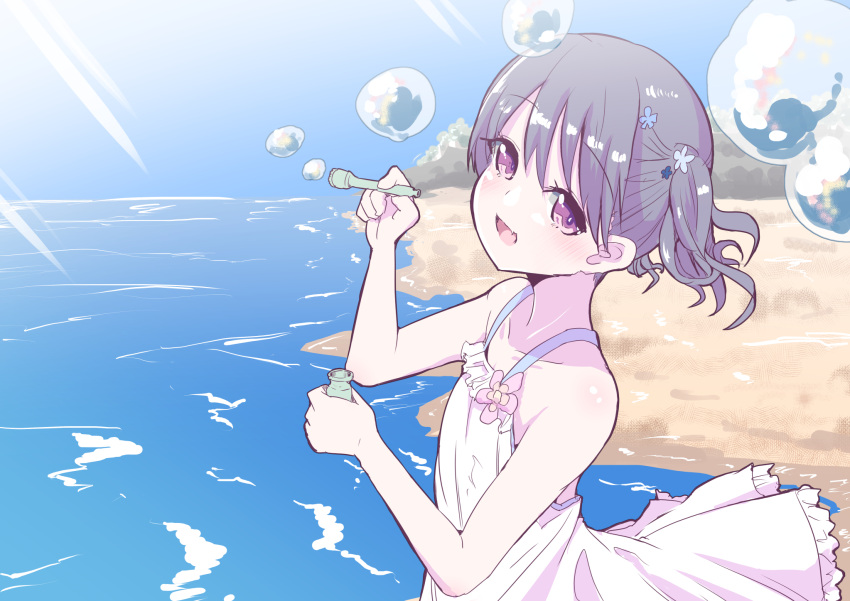 1girl bare_arms bare_shoulders beach black_hair bubble commentary_request day dress fangs flower fukumaru_koito futaba_suetsuki hair_flower hair_ornament highres idolmaster idolmaster_shiny_colors looking_at_viewer looking_to_the_side ocean open_mouth outdoors skin_fangs sleeveless sleeveless_dress soap_bubbles solo sundress twintails violet_eyes white_dress