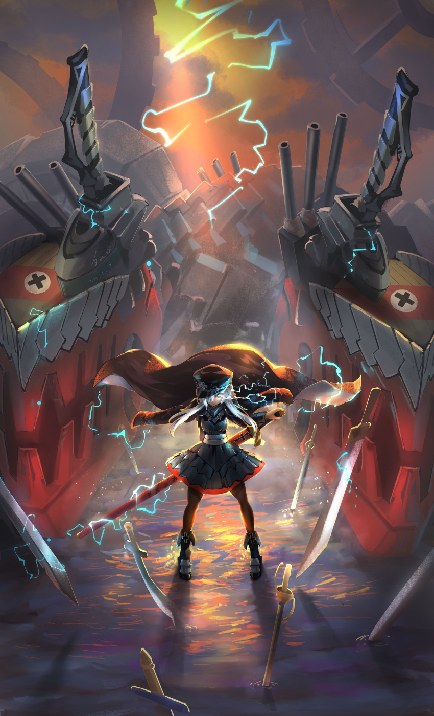 1girl absurdres armor armored_skirt artillery asymmetrical_hair azur_lane black_coat black_footwear black_headwear braid breastplate coat coat_on_shoulders full_body glowing glowing_eye hair_over_one_eye hat highres lightning long_hair odin_(azur_lane) peaked_cap rigging shoes solo standing standing_on_liquid sword turret weapon white_hair xi_shui_fang