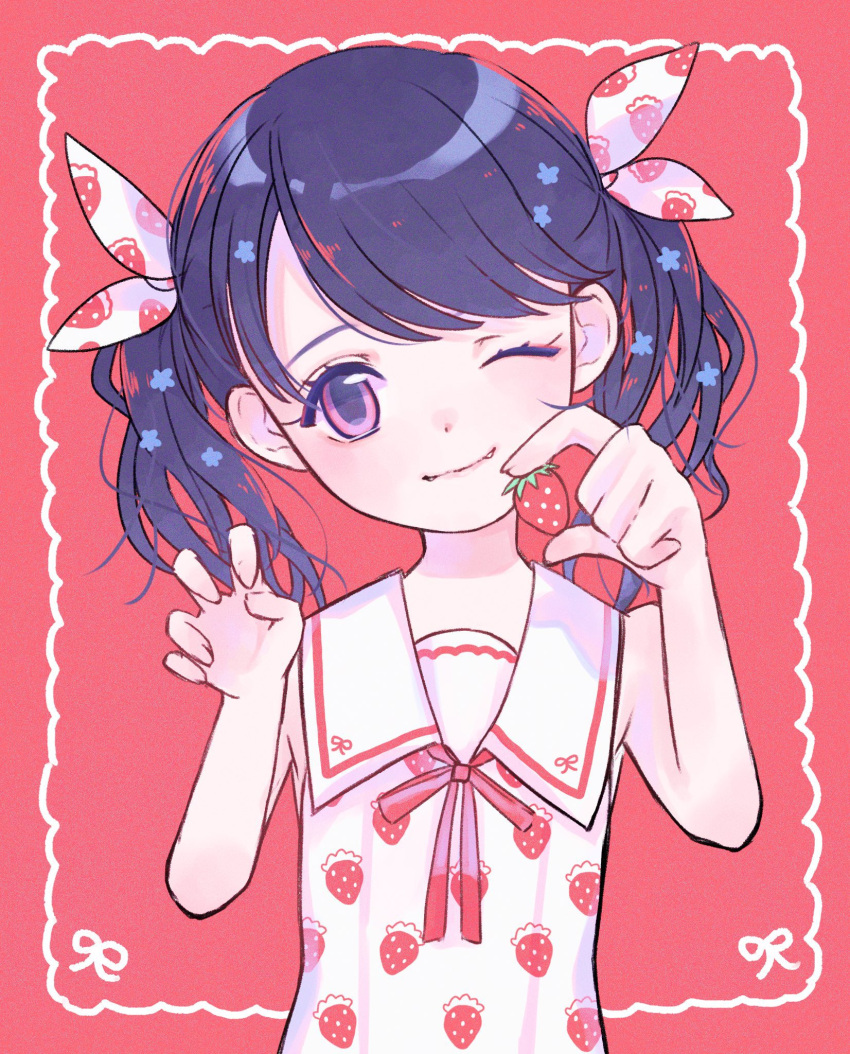 1girl artist_request black_hair commentary_request flower food food_print fruit fukumaru_koito hair_flower hair_ornament hair_ribbon highres holding holding_food holding_fruit idolmaster idolmaster_shiny_colors looking_at_viewer one_eye_closed print_shirt red_background ribbon sailor_collar shirt sleeveless solo strawberry strawberry_print twintails upper_body violet_eyes