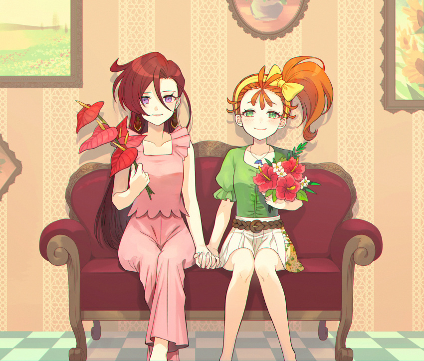 2girls asymmetrical_bangs bangs bare_arms bare_legs belt blush bouquet bow bow_hairband brown_belt brown_hair checkered_floor closed_mouth collarbone dolphin_pendant dress_shirt flower green_eyes green_shirt hair_between_eyes hair_bow hairband hibiscus high_ponytail highres holding holding_bouquet holding_hands indoors interlocked_fingers long_hair looking_at_viewer miniskirt multiple_girls natsuumi_manatsu pants parted_lips pink_pants pink_shirt pleated_skirt precure red_flower redhead shiny shiny_hair shirt short_sleeves side_ponytail sitting skirt sleeveless sleeveless_shirt smile takizawa_asuka tropical-rouge!_precure very_long_hair violet_eyes white_flower white_skirt yellow_bow yellow_hairband yuzu_sato