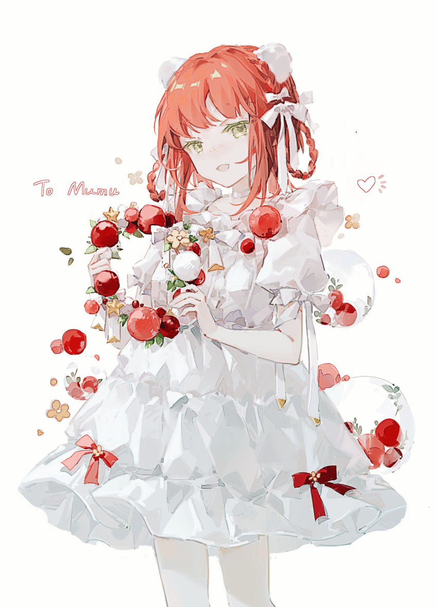 1girl bow bun_cover commentary cowboy_shot double_bun dress hair_bow hair_rings heart highres holding_wreath looking_at_viewer mechari open_mouth original red_bow redhead short_sleeves simple_background smile solo white_background white_bow white_dress yellow_eyes