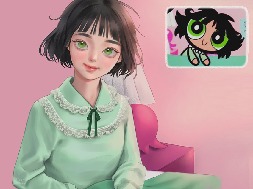 1girl black_hair black_ribbon blush buttercup_(ppg) buttercup_redraw_challenge derivative_work green_eyes green_pajamas lamp long_sleeves looking_at_viewer messy_hair powerpuff_girls reference_inset ribbon screencap_redraw short_hair smile solo yumzzy_u_u