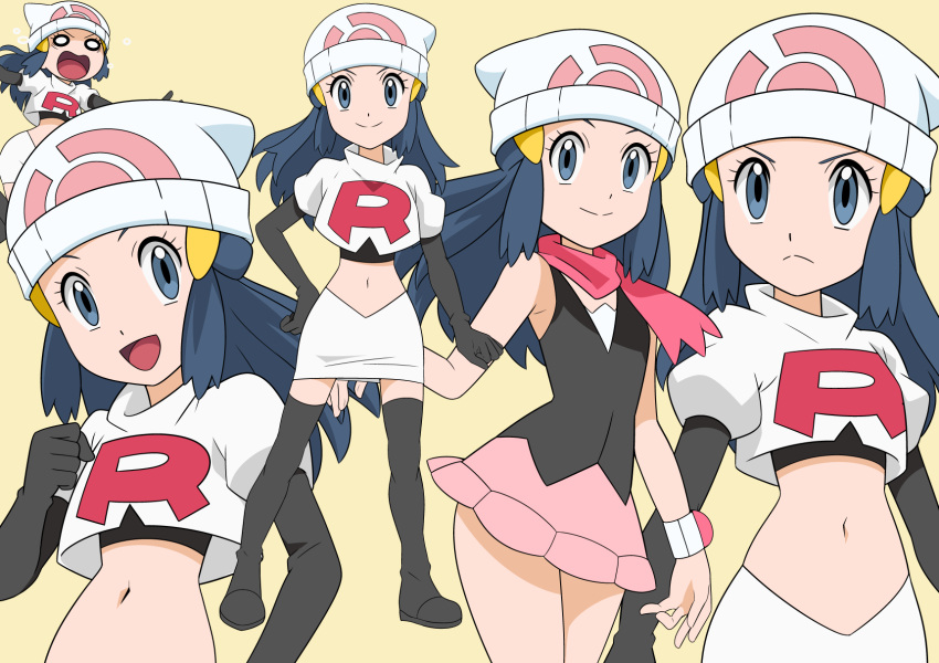 1girl :d beanie black_gloves boots closed_mouth commentary_request cosplay cropped_jacket elbow_gloves eyelashes frown gloves hainchu hair_ornament hairclip hat highres hikari_(pokemon) jacket jessie_(pokemon) jessie_(pokemon)_(cosplay) long_hair multiple_views navel o_o open_mouth pokemon pokemon_(anime) pokemon_dppt_(anime) sidelocks simple_background skirt smile thigh-highs thigh_boots tongue white_headwear white_jacket white_skirt yellow_background