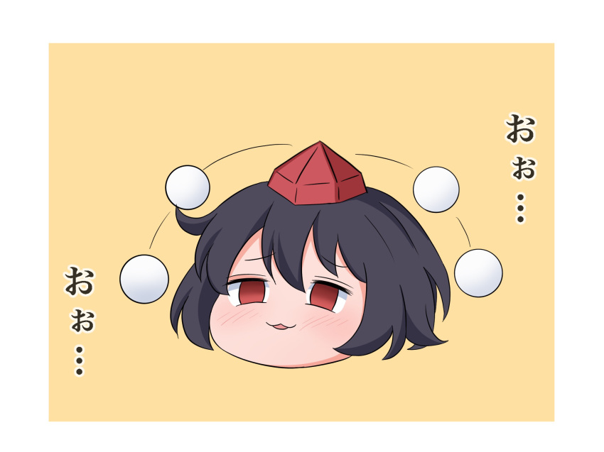 1girl bangs black_hair blush border commentary_request eyebrows_visible_through_hair hair_between_eyes hat highres looking_to_the_side open_mouth pom_pom_(clothes) red_eyes red_headwear shameimaru_aya short_hair simple_background smile solo tasuku_(tusktouhou4) tokin_hat touhou translation_request white_border yellow_background yukkuri_shiteitte_ne