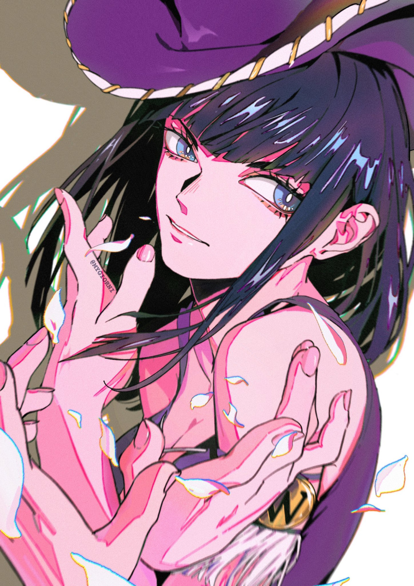 1girl bangs black_hair blue_eyes blunt_bangs cowboy_hat hat highres multiple_hands mygiorni nico_robin one_piece parted_lips petals sleeveless smile solo