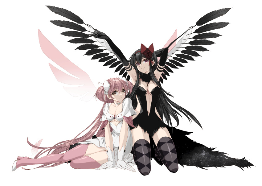 2girls absurdres akuma_homura black_hair breasts feathers gloves goddess_madoka highres long_hair mahou_shoujo_madoka_magica misteor multiple_girls navel pink_hair red_ribbon ribbon thigh-highs wings zettai_ryouiki