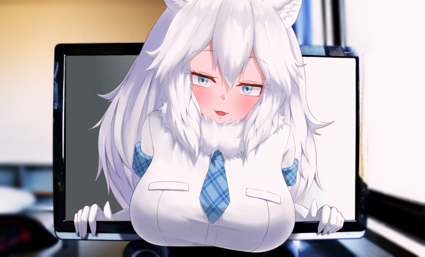 1girl :3 absurdres animal_ears blue_eyes blue_necktie blush breast_pocket breasts eka_kinoko elbow_gloves eyebrows_visible_through_hair fangs gloves highres kemono_friends large_breasts lion_ears lion_girl long_hair looking_at_viewer necktie open_mouth pocket screen smile solo television through_screen white_gloves white_hair white_lion_(kemono_friends)