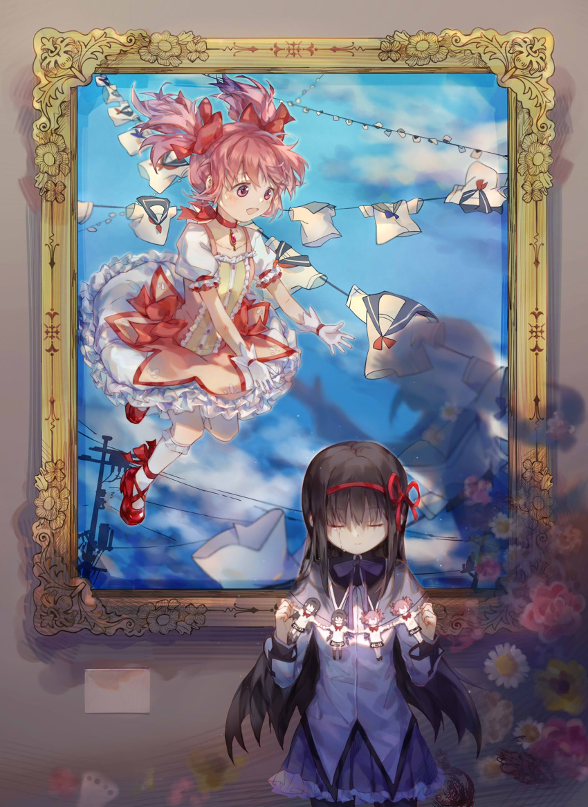 2girls akemi_homura black_hair flower highres holding kaname_madoka magical_girl mahou_shoujo_madoka_magica multiple_girls painting_(object) paper_doll patricia_(madoka_magica) pink_hair ribbon shadow siren_owk smile surreal twintails