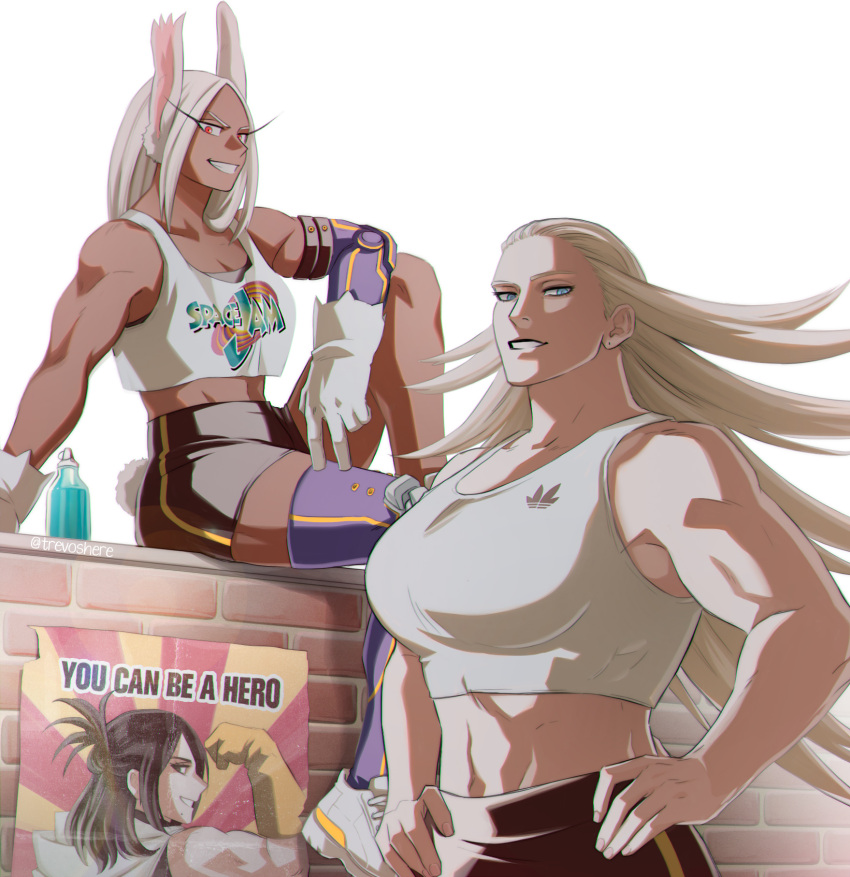 2girls animal_ears bangs black_hair blonde_hair blue_eyes boku_no_hero_academia breasts cape character_print collarbone copyright_name crop_top dark-skinned_female dark_skin elbow_on_knee from_side gloves hair_slicked_back hands_on_hips highres large_breasts leg_up logo long_eyelashes long_hair looking_at_viewer mirko mole mole_under_mouth multiple_girls muscular muscular_female notched_ear poster_(object) profile prosthesis prosthetic_arm prosthetic_leg rabbit_ears rabbit_girl rabbit_tail red_eyes shimura_nana shorts sitting_on_wall sleeveless smile space_jam sportswear star_and_stripe_(boku_no_hero_academia) superhero tail teeth thighs trevo_(trevoshere) v-shaped_eyebrows white_background white_cape white_gloves white_hair yellow_gloves