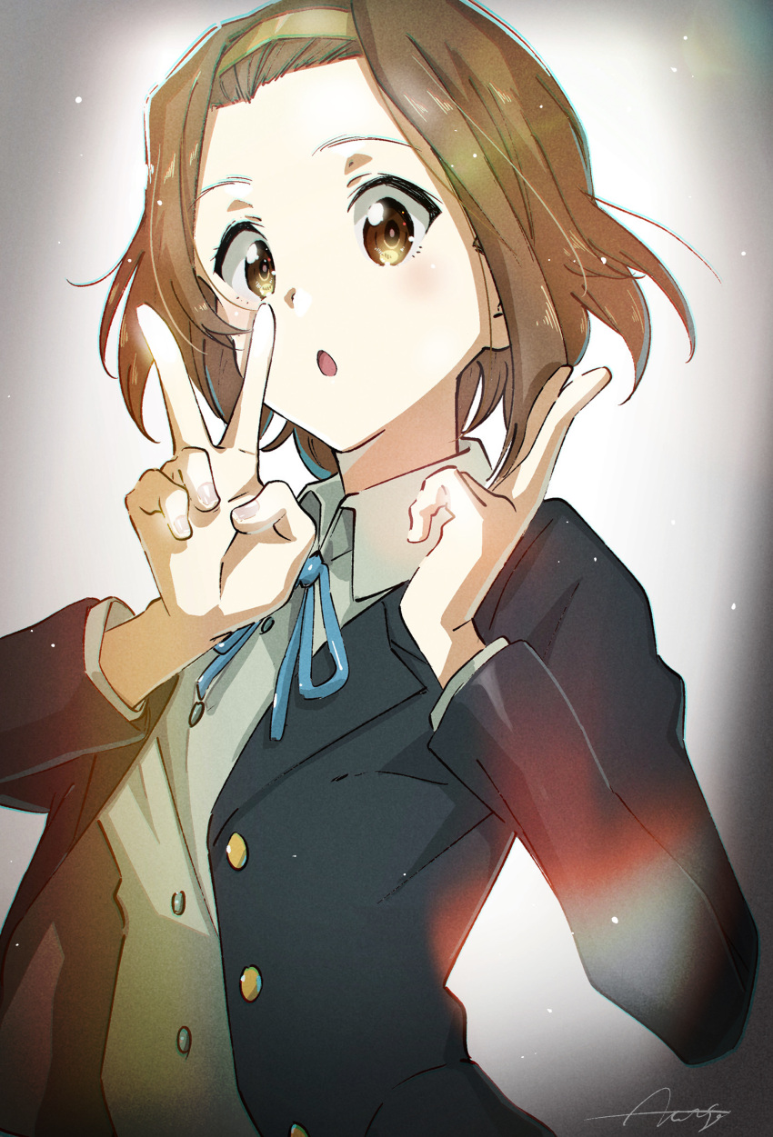 1girl :o absurdres blazer brown_eyes brown_hair hairband highres jacket k-on! ribbon school_uniform short_hair solo tainaka_ritsu upper_body v verse