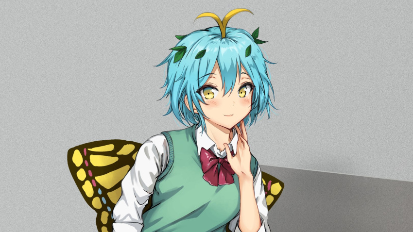 1girl alternate_costume amagi_(amagi626) antennae aqua_hair blouse blush butterfly_wings closed_mouth commission cropped eternity_larva eyebrows_visible_through_hair fairy green_vest hair_between_eyes highres leaf leaf_on_head long_sleeves reward_available school_uniform short_hair smile solo touhou upper_body vest white_blouse wings yellow_eyes