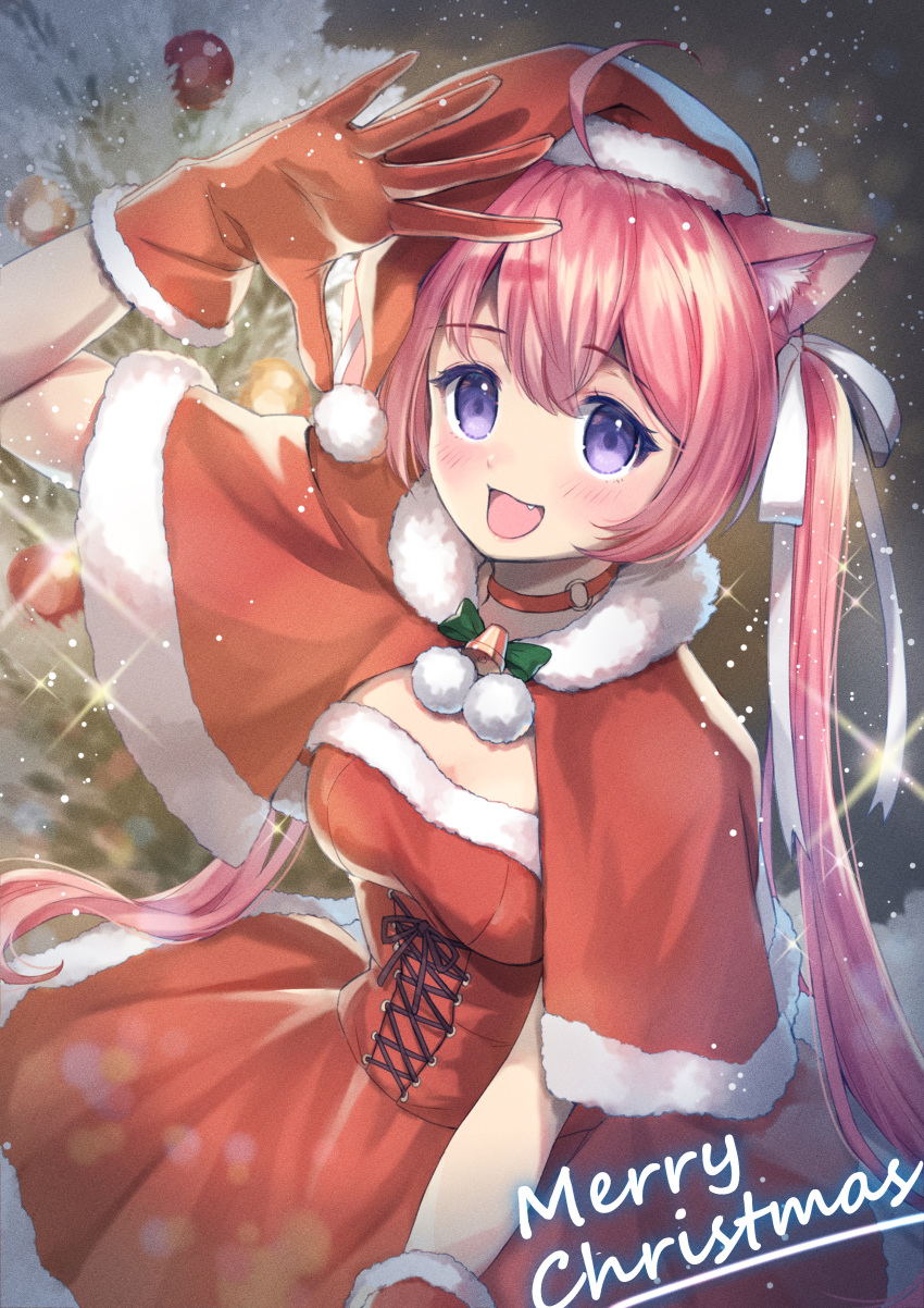 1girl absurdres ahoge animal_ear_fluff animal_ears bell blush capelet cat_ears cat_girl choker christmas christmas_tree dress english_text eyebrows_visible_through_hair fang fur-trimmed_capelet fur-trimmed_dress fur-trimmed_gloves fur_trim gloves hair_between_eyes hair_ribbon hand_up hat highres long_hair looking_at_viewer merry_christmas o-ring o-ring_choker open_mouth original pink_hair red_capelet red_choker red_dress red_gloves ribbon sahara1127 santa_costume santa_hat smile snowing solo sparkle twintails very_long_hair violet_eyes white_ribbon