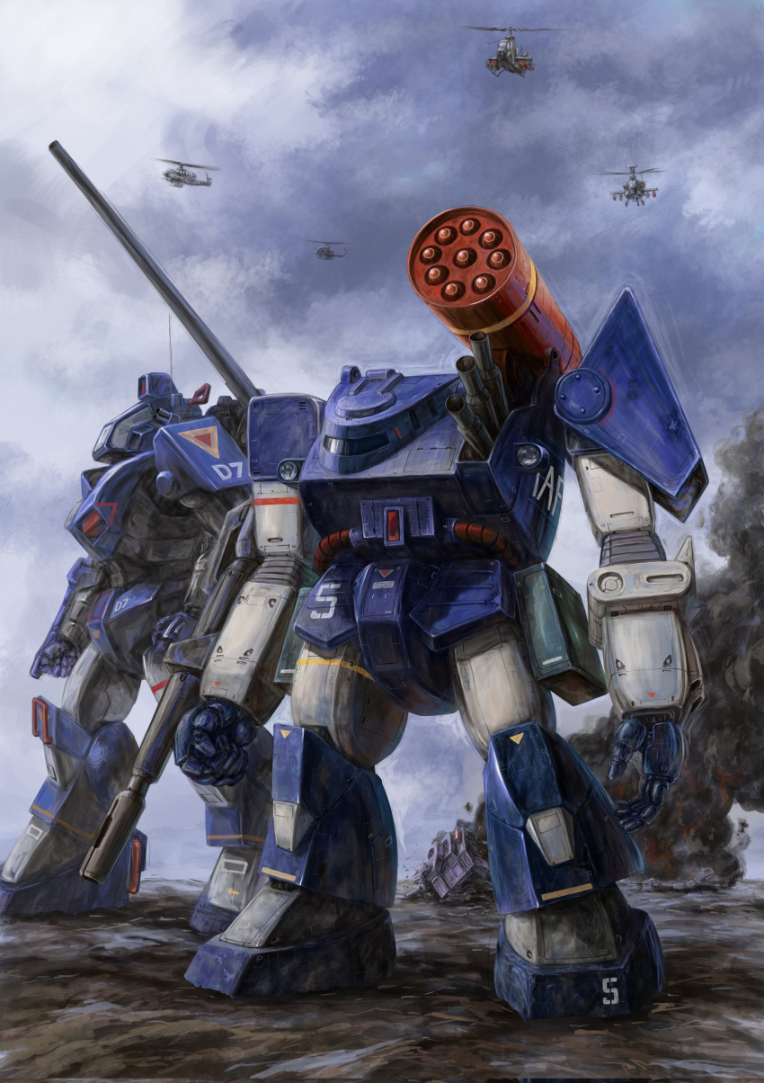 abitate_f44a_crab_gunner aircraft arm_cannon clenched_hands clouds cloudy_sky dougram helicopter highres ironfoot leaning_forward mecha no_humans open_hand science_fiction shoulder_cannon sky smoke taiyou_no_kiba_dougram weapon zandan_zero_to_na!?