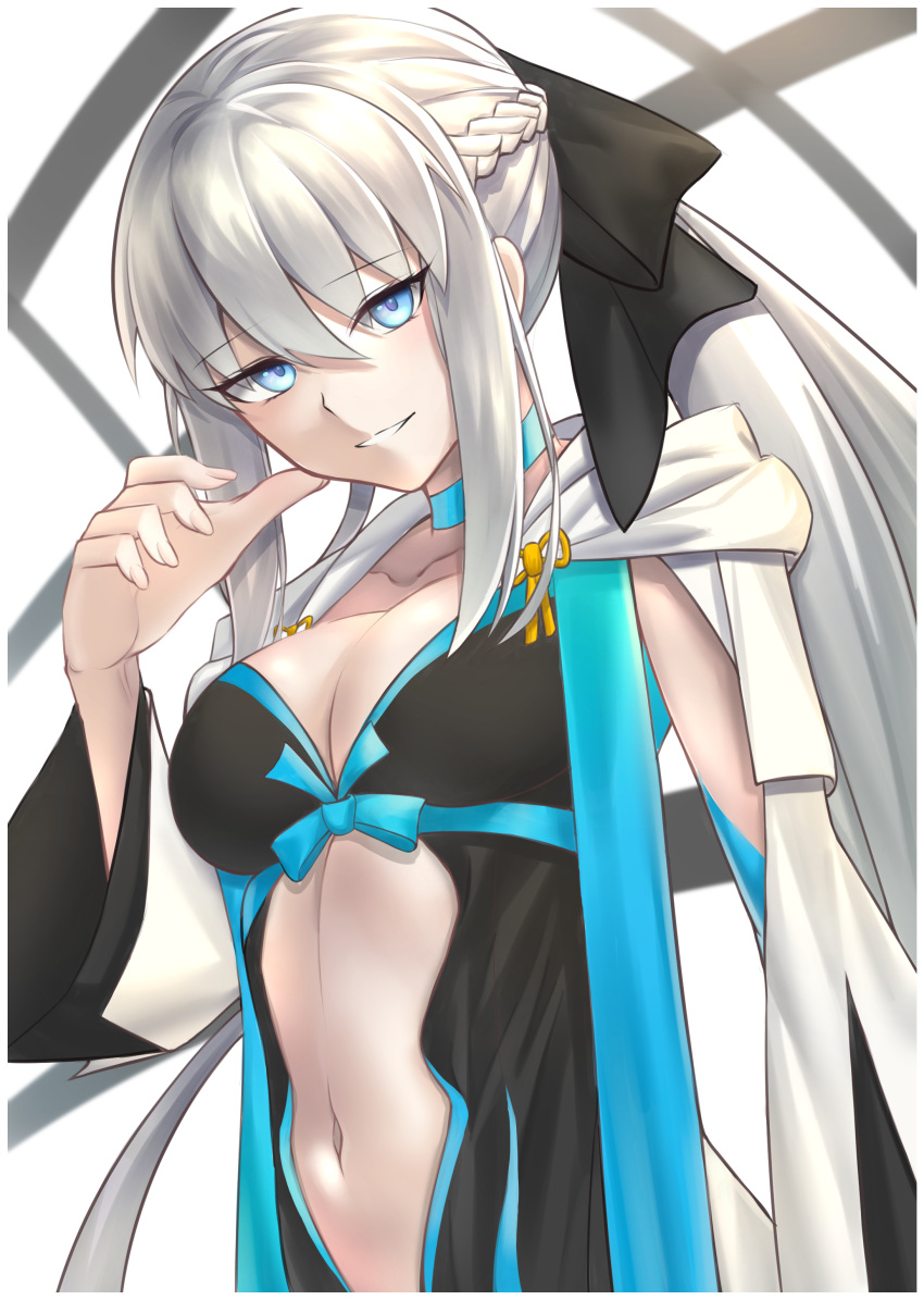 1girl bangs black_bow black_dress blue_eyes bow breasts center_opening cleavage_cutout closed_mouth clothing_cutout commentary dress eyebrows_visible_through_hair fate/grand_order fate_(series) fingernails hair_between_eyes hair_bow hair_ornament highres holding holding_staff holding_weapon large_breasts long_hair long_sleeves looking_at_viewer morgan_le_fay_(fate) navel night night_sky outdoors outstretched_arm ponytail pubic_tattoo serious sidelocks silver_hair sky solo staff star_(sky) takizawa_gin tattoo tiara tree two-tone_dress upper_body very_long_hair weapon white_dress wide_sleeves