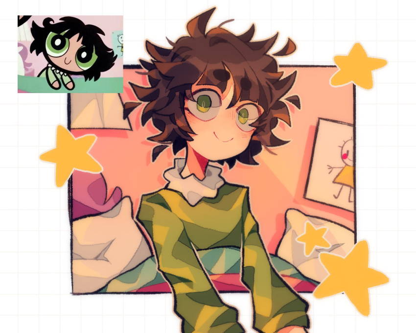 1girl buttercup_(ppg) buttercup_redraw_challenge derivative_work green_eyes green_pajamas hendithehen highres long_sleeves looking_at_viewer messy_hair pillow powerpuff_girls reference_inset screencap_redraw shadow smile solo star_(symbol)