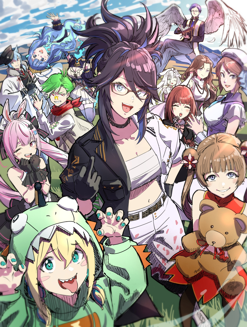 3boys 6+girls :o ^_^ absurdres amano_pikamee annotation_request belt beret black_collar black_gloves black_hair black_jacket blonde_hair blue_eyes blue_hair blush breasts brown_belt character_request claw_pose clenched_hands closed_eyes collar daimonji_ryugon disembodied_head dullahan eyebrows_visible_through_hair finger_gun fire glasses gloves green_hair green_hoodie green_nails hat highres holding holding_stuffed_toy hood hoodie indie_virtual_youtuber jacket kson large_breasts looking_at_viewer middle_finger midriff multicolored_clothes multicolored_hair multicolored_jacket multiple_boys multiple_girls navel one_eye_closed partially_annotated piercing pink_hair pointing pointing_up ponytail prism_project rikudou_yura sandal_master sarashi sharp_teeth smile souchou streaked_hair stuffed_animal stuffed_toy teddy_bear teeth tomari_mari tomari_mari_channel tongue tongue_out tongue_piercing twintails two-tone_jacket virtual_youtuber voms white_gloves white_hair white_headwear white_jacket wings