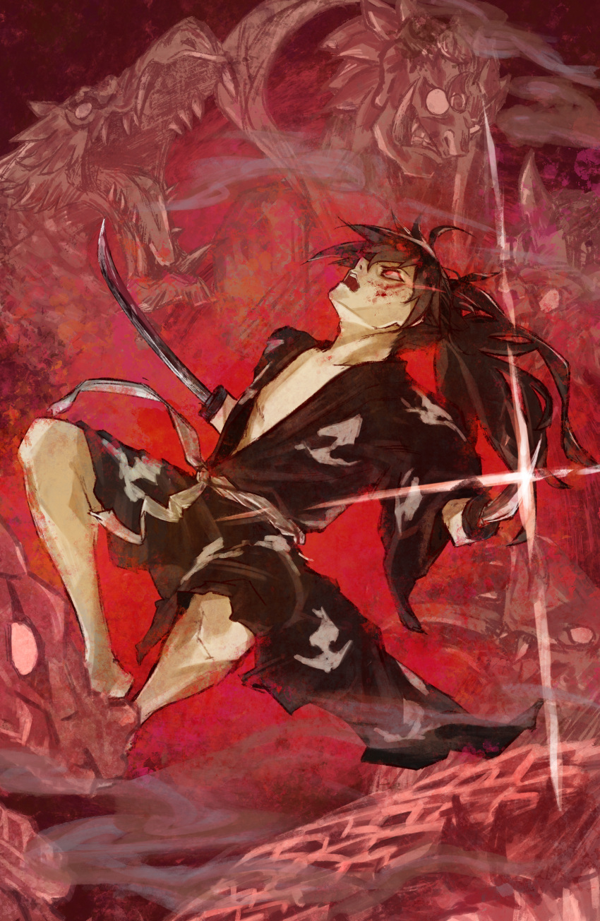 1boy absurdres black_hair black_kimono blood blood_on_face commentary_request diffraction_spikes dororo_(tezuka) dual_wielding full_body highres holding holding_sword holding_weapon hyakkimaru_(dororo) japanese_clothes katana kimono long_hair male_focus open_mouth ponytail red_background red_eyes solo sword weapon yuu_akine