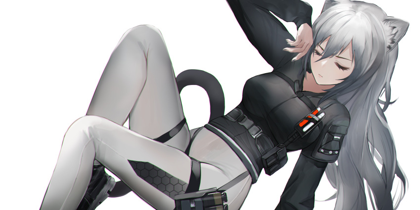 1girl absurdres animal_ears arknights belt belt_pouch black_belt black_footwear black_shirt breasts cat_ears cat_girl cat_tail chinese_commentary closed_eyes closed_mouth eyelashes foot_out_of_frame grey_nails grey_pants hair_between_eyes highres long_hair long_sleeves medium_breasts mu_han nail_polish official_alternate_costume pants pouch schwarz_(arknights) schwarz_(skyline)_(arknights) shirt shoes silver_hair simple_background solo tactical_clothes tail taut_clothes thigh_pouch thigh_strap tight tight_pants white_background