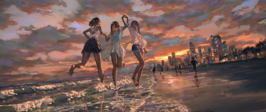 3girls 6+others absurdres bare_arms barefoot beach black_hair black_skirt blue_eyes blue_hair blue_shirt brown_hair building closed_eyes closed_mouth clouds cloudy_sky commentary dark-skinned_female dark_skin denim denim_shorts dutch_angle english_commentary evening hands_up highres jumping long_hair looking_at_another multiple_girls multiple_others ocean original pleated_skirt shirt short_hair short_sleeves shorts skirt sky skyline sleeveless sleeveless_shirt sunset waves white_shirt white_skirt yuu_akine