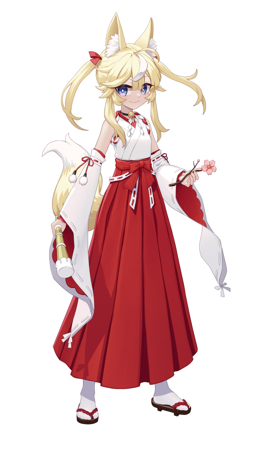 1girl absurdres animal_ear_fluff animal_ears bangs bare_shoulders bell black_choker blonde_hair blue_eyes bow branch brown_footwear choker closed_mouth commentary_request detached_sleeves eyebrows_behind_hair flower fox_ears fox_girl fox_tail full_body hair_between_eyes hakama hakama_skirt highres japanese_clothes jingle_bell kimono long_hair long_sleeves looking_at_viewer miko multicolored_hair neck_bell original pink_flower red_bow red_hakama sidelocks simple_background skirt sleeveless sleeveless_kimono smile socks solo standing streaked_hair tabi tail twintails white_background white_hair white_kimono white_legwear white_sleeves wide_sleeves youtuou zouri