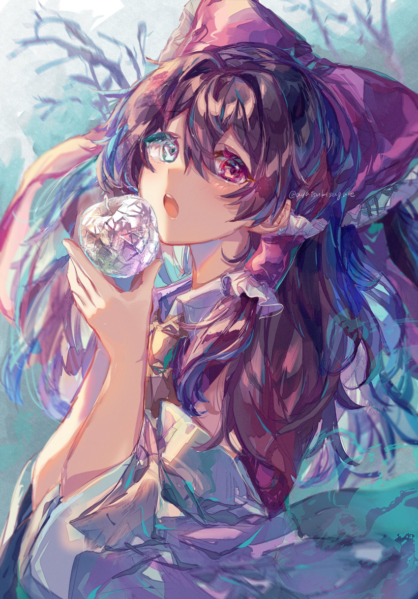 1girl alternate_color apple artist_name ascot ayatsuki_sugure bangs blue_background blue_eyes bow branch brown_hair collar collared_dress detached_sleeves dress eyebrows_visible_through_hair food fruit hair_between_eyes hair_bow hair_ornament hair_tubes hakurei_reimu hands_up heterochromia highres long_hair long_sleeves looking_to_the_side open_mouth pink_bow purple_bow purple_dress red_eyes solo teeth tongue touhou tree wide_sleeves yellow_ascot