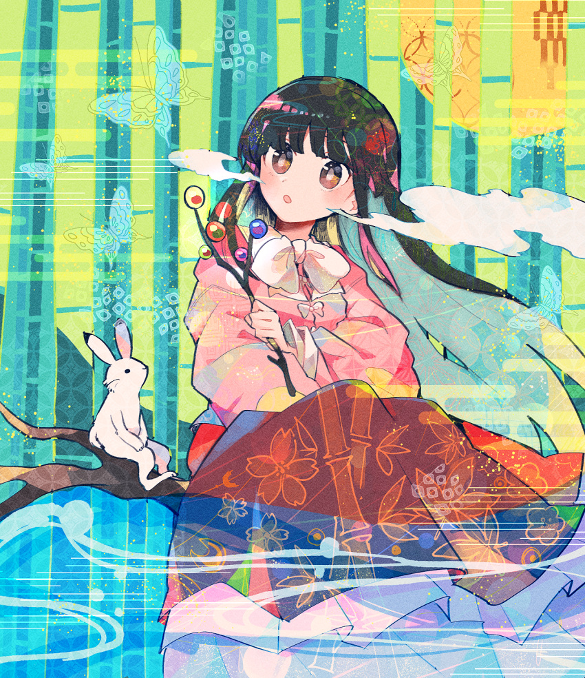 1girl :o abstract_background animal bamboo bamboo_print bangs black_hair blouse blunt_bangs bow bowtie branch breath bright_pupils brown_eyes bug butterfly cherry_blossom_print colorful crescent_print film_grain floating_hair floral_print frills full_body hand_up head_tilt highres holding holding_branch houraisan_kaguya in_tree itomugi-kun japanese_clothes jeweled_branch_of_hourai kanoko_(pattern) leaf_print light_particles long_hair long_skirt long_sleeves looking_at_viewer looking_to_the_side looking_up moon_print parted_lips petticoat pink_blouse rabbit red_skirt shippou_(pattern) sitting sitting_in_tree skirt solo touhou tree very_long_hair white_bow white_bowtie white_pupils wide_sleeves