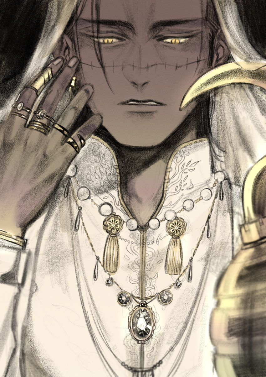 1boy absurdres black_hair headgear highres hook hook_hand jewelry male_focus multiple_rings one_piece parted_lips ring scar scar_on_face sir_crocodile solo ukari yellow_eyes