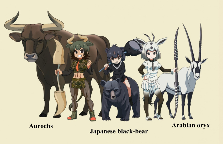 3girls abs animal_ears arabian_oryx_(kemono_friends) aurochs aurochs_(kemono_friends) bear beige_background black_eyes black_footwear black_hair black_legwear black_necktie black_shirt black_sweater bob_cut brown_hair camouflage camouflage_shirt camouflage_skirt clenched_hand closed_mouth commentary_request cow_ears cow_horns creature_and_personification dark-skinned_female dark_skin english_text green_footwear green_shirt green_skirt grin hand_on_hip highres holding holding_weapon horns japanese_black_bear_(kemono_friends) kemono_friends layered_sleeves long_sleeves looking_at_viewer midriff miniskirt multiple_girls namesake navel necktie over_shoulder pantyhose pleated_skirt red_necktie riding shirt shoes short_over_long_sleeves short_sleeves side_slit silver_hair simple_background skirt smile standing sweater weapon white_footwear white_shirt white_skirt yamaguchi_yoshimi