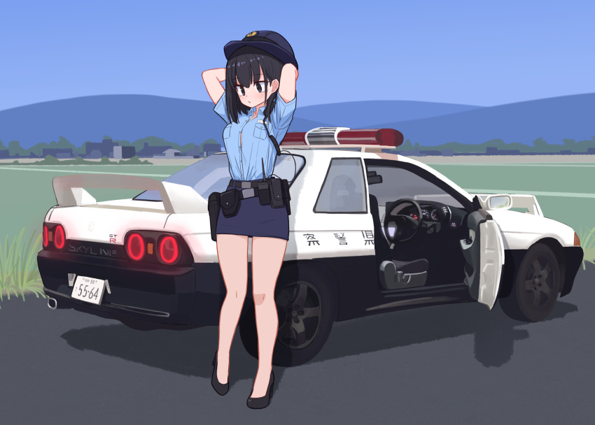 1girl belt black_belt black_eyes black_footwear black_hair blue_headwear blue_shirt blue_skirt breasts eyebrows_visible_through_hair hair_behind_ear high_heels highres jagd looking_down medium_breasts medium_hair mountain nissan nissan_skyline_gt-r original police police_uniform policewoman shirt short_hair skirt solo uniform vehicle_focus walkie-talkie