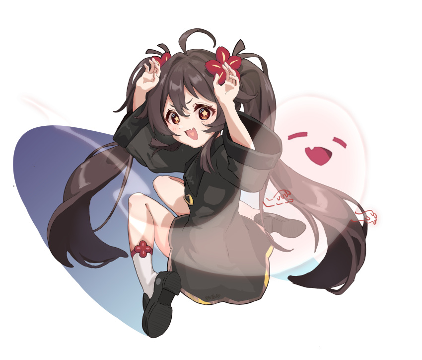 1girl absurdres ahoge arms_up black_footwear black_shirt blush brown_hair chinese_clothes commentary_request daikabocha fang flower flower-shaped_pupils genshin_impact ghost ghost_pose hair_flower hair_ornament highres hu_tao_(genshin_impact) kneehighs long_sleeves looking_at_viewer open_mouth red_eyes shirt shoes smile solo symbol-shaped_pupils twintails white_legwear younger
