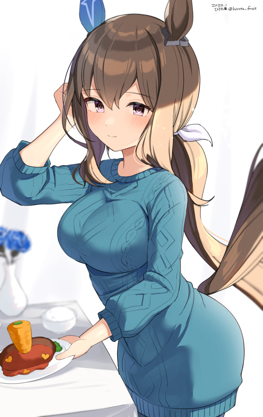 1girl admire_vega_(umamusume) animal_ears aran_sweater arm_up bangs blue_flower blue_rose blue_sweater blurry blurry_background blush breasts brown_hair carrot closed_mouth commentary_request dated depth_of_field dress eyebrows_visible_through_hair flower hair_between_eyes hair_ribbon hamburger_steak highres hirota_fruit holding holding_plate horse_ears horse_girl horse_tail long_hair looking_at_viewer low_ponytail medium_breasts plate ponytail ribbon rose smile solo sweater sweater_dress tail twitter_username umamusume vase very_long_hair violet_eyes white_ribbon