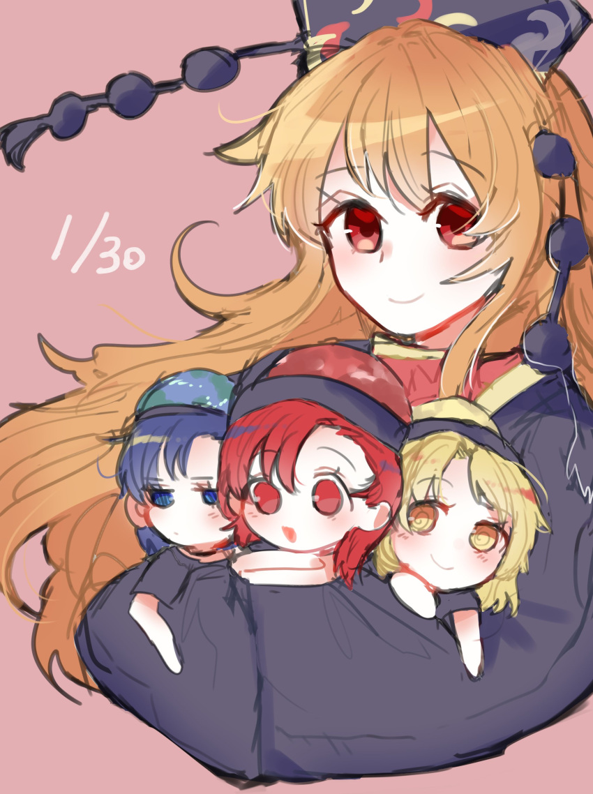 4girls absurdres black_dress black_shirt blonde_hair blue_eyes blue_hair blush chibi chinese_clothes crescent crossed_arms dated dress earth_(ornament) eyebrows_visible_through_hair hecatia_lapislazuli hecatia_lapislazuli_(earth) hecatia_lapislazuli_(moon) highres holding_person hug junko_(touhou) long_hair looking_at_viewer medium_hair moon_(ornament) moyashi_(oekaki_touhou) multiple_girls one-hour_drawing_challenge open_mouth orange_hair pink_background polos_crown pom_pom_(clothes) red_eyes redhead shirt short_sleeves simple_background smile t-shirt tabard touhou unamused upper_body wide_sleeves yellow_eyes