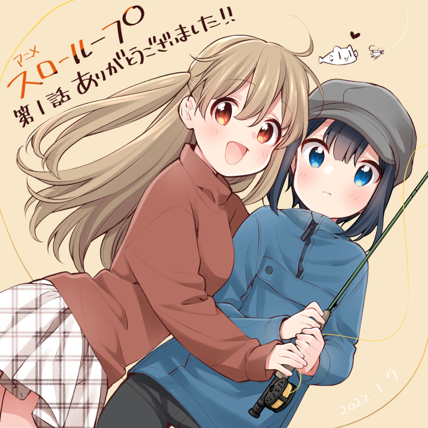 2girls 3: :3 :d ahoge bangs beige_background black_hair black_pants blue_eyes blue_jacket blunt_bangs blush brown_sweater cabbie_hat closed_mouth copyright_name cowboy_shot dated dutch_angle episode_number eyebrows_visible_through_hair eyes_visible_through_hair fishing_line fishing_rod floating_hair from_side grey_headwear hair_between_eyes hands_up happy hat heads_together heart high_collar highres holding holding_fishing_rod hug jacket light_brown_hair long_hair long_sleeves looking_to_the_side minagi_hiyori minagi_koharu miniskirt multiple_girls official_art pants plaid plaid_skirt pleated_skirt red_eyes short_hair skirt sleeves_past_wrists slow_loop smile sweater tareme thank_you turtleneck turtleneck_sweater two_side_up uchino_maiko unmoving_pattern white_skirt zipper |_|