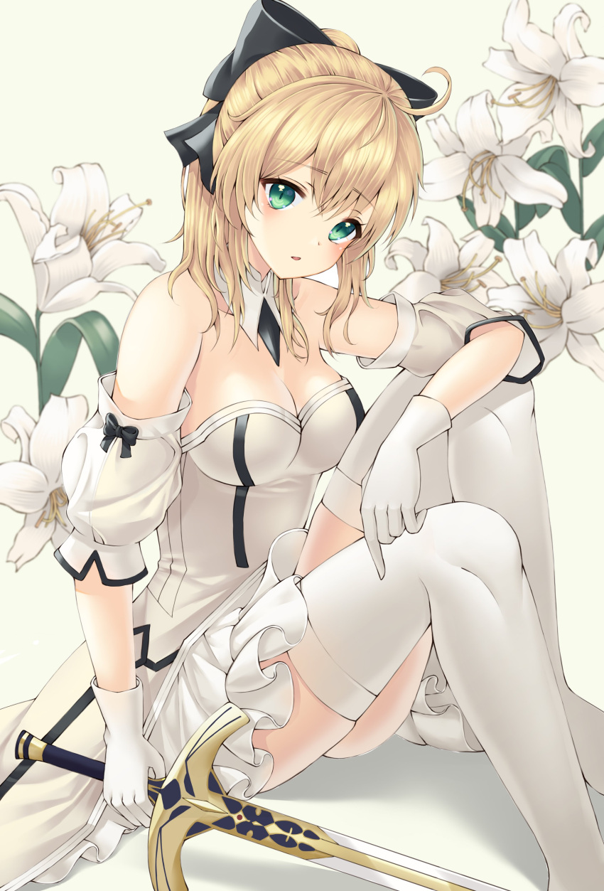 1girl armor armored_dress artoria_pendragon_(all) black_bow blonde_hair blue_sky bow breastplate caliburn dress eyebrows_visible_through_hair fate/grand_order fate/unlimited_codes fate_(series) faulds floating_hair gauntlets green_eyes hair_between_eyes hair_bow hands_on_hilt highres long_hair looking_at_viewer nowsicaa outdoors petals ponytail saber_lily signature sleeveless sleeveless_dress smile solo standing white_dress