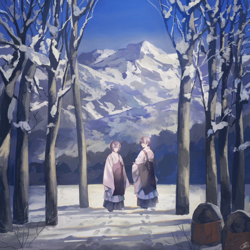 1boy 1girl bare_tree black_hair footprints highres hise horns japanese_clothes mountain new_year original outdoors scenery signature snow standing tree wide_sleeves winter