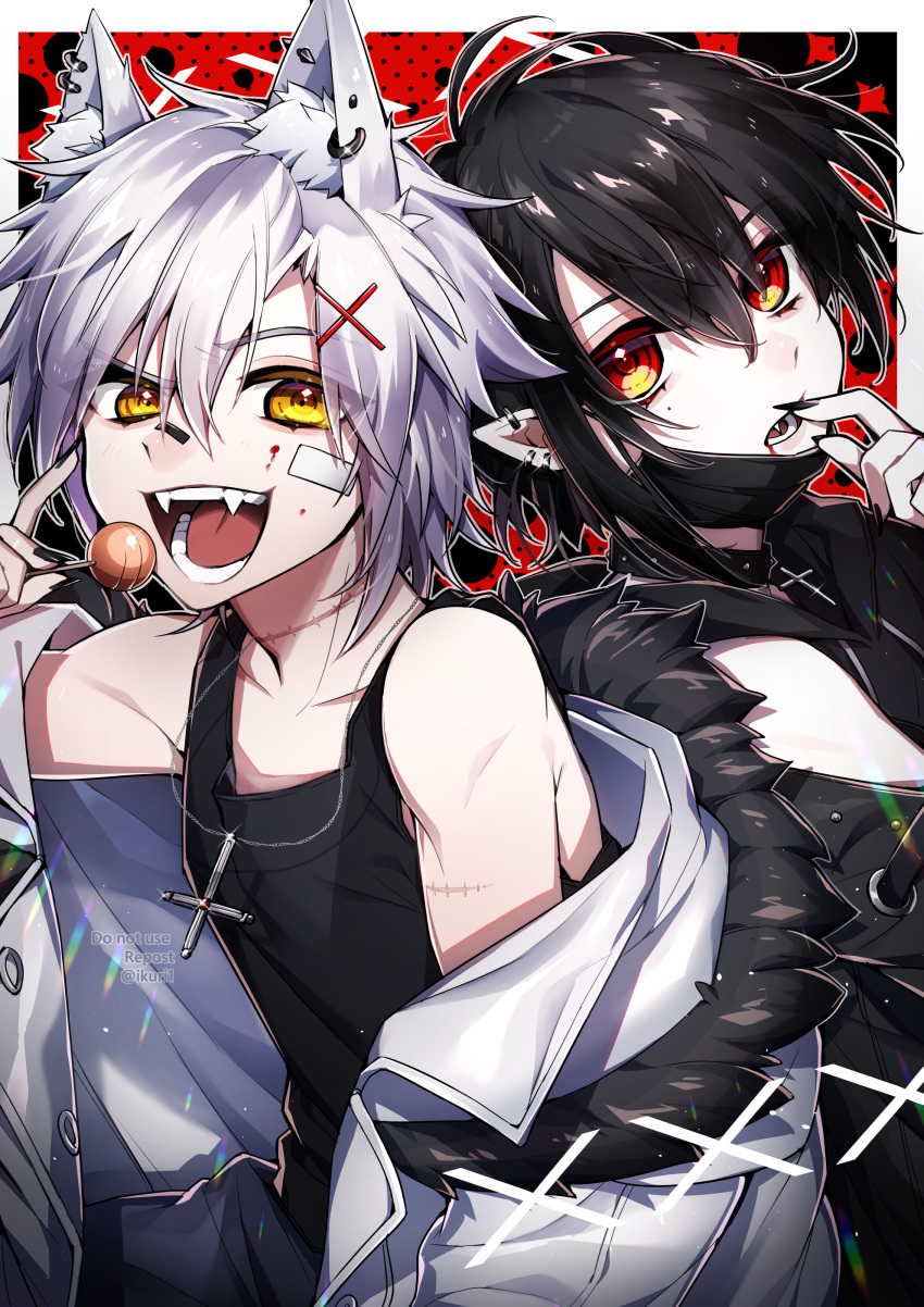 2boys absurdres animal_ears bandaid black_hair blood blood_on_face blush candy choker collar cross ear_piercing fangs food grey_hair hair_ornament hairclip highres ikurikaito lollipop male_focus multiple_boys original pale_skin piercing pointy_ears red_eyes silver_hair spiked_collar spikes vampire werewolf white_hair wolf_ears yellow_eyes