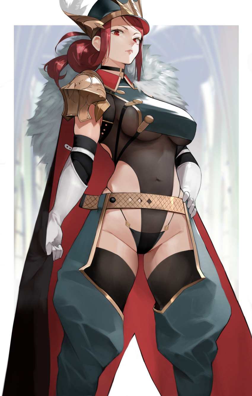 1girl absurdres armor bangs breasts covered_navel hat highleg highleg_leotard highres large_breasts leotard long_hair looking_at_viewer pauldrons ponytail red_eyes redhead shoulder_armor solo tabard thighs yoshio_(55level)