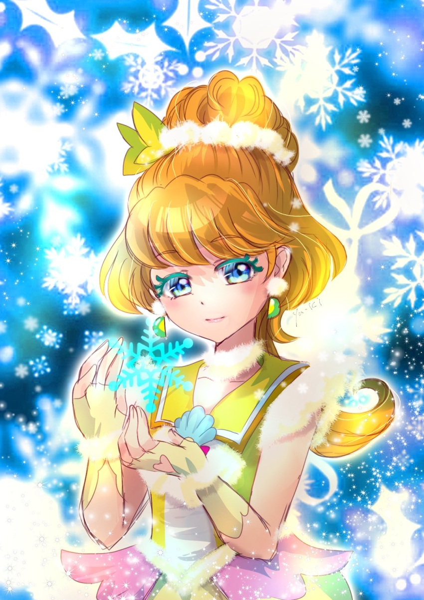 1girl bangs blonde_hair blue_eyes closed_mouth clothing_cutout collarbone cure_papaya earrings eyebrows_visible_through_hair eyelashes fingerless_gloves gloves heart_cutout highres jewelry long_hair low_ponytail makeup manekineko5319 mascara precure sailor_collar shiny shiny_hair sleeveless snowflakes solo tied_hair tropical-rouge!_precure yellow_gloves yellow_sailor_collar