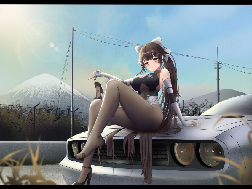 1girl absurdres azur_lane bare_shoulders black_footwear bodystocking bow breasts brown_hair car cleavage_cutout clothing_cutout elbow_gloves extra_ears feet fingerless_gloves full_body gloves ground_vehicle hair_flaps high_heels highres holding holding_shoes kcar66t large_breasts leotard long_hair looking_at_viewer motor_vehicle multicolored_leotard official_alternate_costume outdoors racequeen shoes sitting_on_hair solo takao_(azur_lane) takao_(full_throttle_charmer)_(azur_lane) two-tone_leotard unitard very_long_hair white_bow white_gloves yellow_eyes