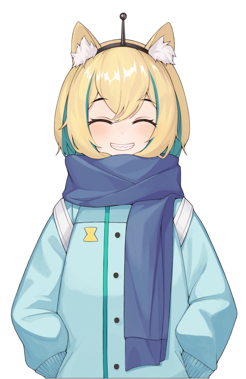 1girl ^_^ amano_pikamee animal_ear_fluff animal_ears backpack bag bangs black_hairband blonde_hair blue_hair blue_jacket blue_scarf btraphen closed_eyes commentary_request eyebrows_visible_through_hair facing_viewer grin hair_between_eyes hairband hands_in_pockets highres jacket long_sleeves multicolored_hair puffy_long_sleeves puffy_sleeves scarf sharp_teeth simple_background smile solo streaked_hair teeth upper_body virtual_youtuber voms white_background