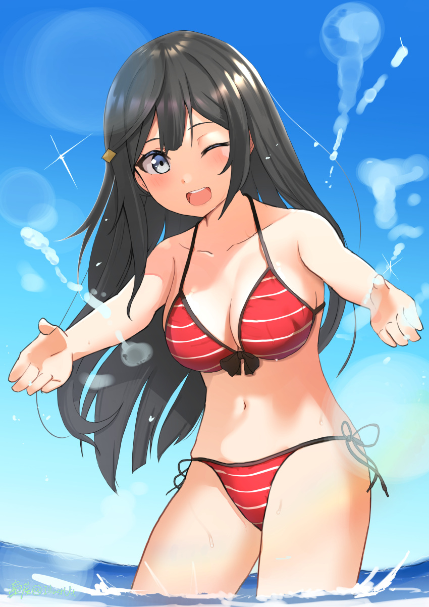 1girl absurdres bikini bitween0908 black_hair blue_sky blurry blush bokeh breasts depth_of_field groin halter_top halterneck highres horizon leaning_forward lens_flare long_hair love_live! love_live!_nijigasaki_high_school_idol_club medium_breasts navel ocean one_eye_closed sky smile splashing strap_gap striped striped_bikini swimsuit thighs wading water yuuki_setsuna_(love_live!)