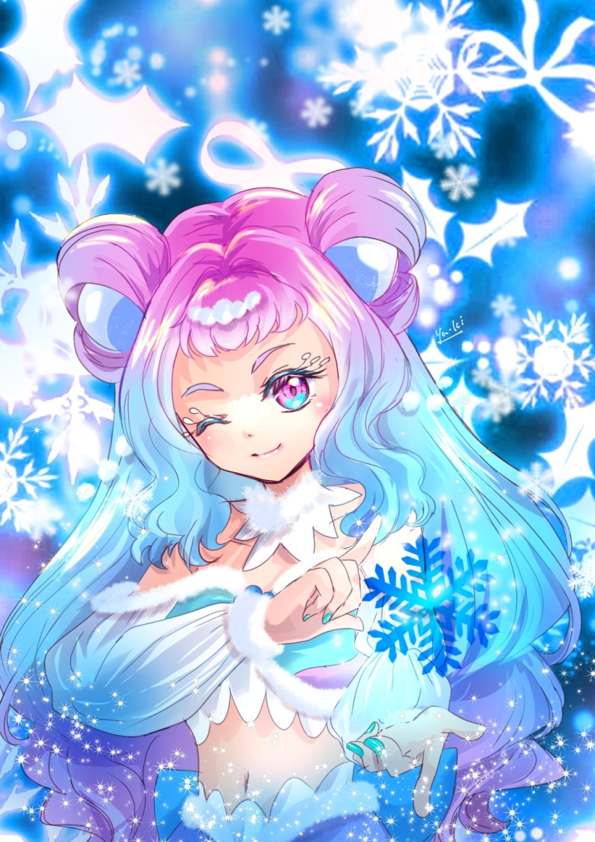 1girl blue_hair blue_nails blush closed_mouth crop_top cure_la_mer detached_sleeves eyelashes fur-trimmed_sleeves fur_trim gradient_hair highres index_finger_raised long_hair long_sleeves looking_at_viewer manekineko5319 midriff multicolored_hair nail_polish navel one_eye_closed pink_eyes pink_hair precure smile snowflakes solo stomach tropical-rouge!_precure upper_body very_long_hair white_sleeves