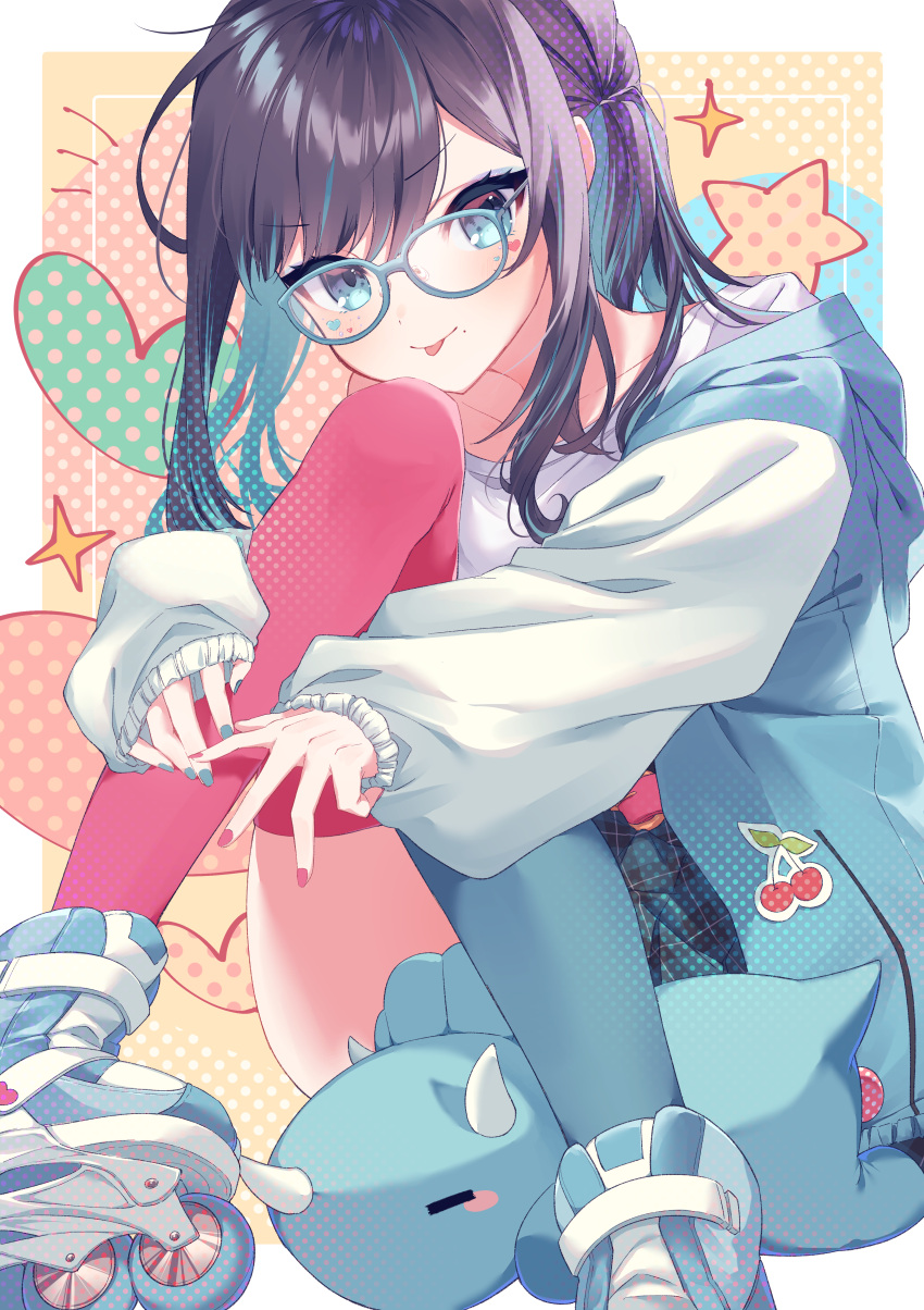 1girl =_= absurdres asymmetrical_legwear bangs black_hair blue_eyes blue_nails closed_mouth collarbone commentary_request eyebrows_visible_through_hair feet_out_of_frame food_print glasses hair_between_eyes highres knees_up looking_at_viewer medium_hair mismatched_legwear mochizuki_mochi mole mole_under_mouth multicolored_hair multicolored_nails original polka_dot polka_dot_background red_nails roller_skates shoes sidelocks sitting skates sneakers solo strawberry_print streaked_hair thigh-highs tied_hair tongue tongue_out