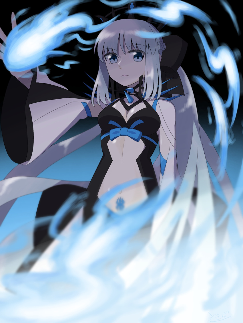 1girl bangs black_bow black_dress blue_eyes bow breasts center_opening cleavage_cutout closed_mouth clothing_cutout commentary dress eyebrows_visible_through_hair fate/grand_order fate_(series) fingernails hair_between_eyes hair_bow hair_ornament highres holding holding_staff holding_weapon large_breasts long_hair long_sleeves looking_at_viewer morgan_le_fay_(fate) navel night night_sky outdoors outstretched_arm ponytail pubic_tattoo serious sidelocks silver_hair sky solo staff star_(sky) tattoo tiara tokibaillust tree two-tone_dress upper_body very_long_hair weapon white_dress wide_sleeves