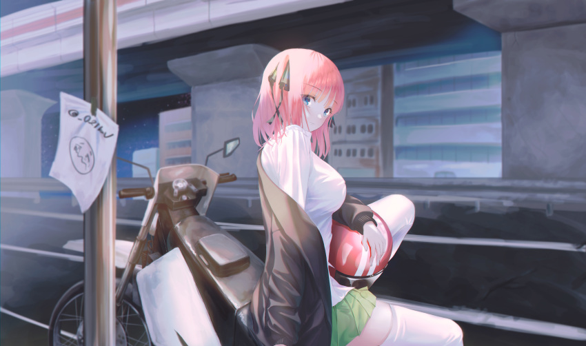 021_kav 1girl absurdres bangs black_cardigan black_ribbon blue_eyes blunt_bangs breasts butterfly_hair_ornament cardigan closed_mouth from_side go-toubun_no_hanayome green_skirt ground_vehicle hair_ornament head_tilt helmet highres knee_up large_breasts looking_at_viewer motor_vehicle motorcycle motorcycle_helmet nakano_nino off_shoulder open_cardigan open_clothes outdoors pink_hair raised_eyebrows ribbon shirt simple_background sitting skirt thick_thighs thigh-highs thighs twintails white_legwear white_shirt zettai_ryouiki