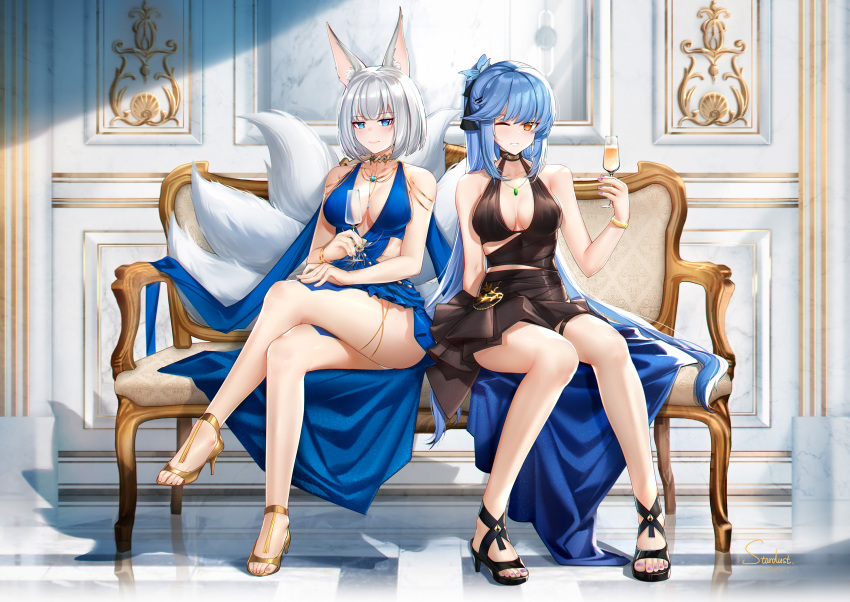 2girls animal_ears azur_lane blue_dress blue_eyes blue_hair breasts brown_eyes brown_tail champagne_flute commentary_request crossed_legs cup dress drinking_glass drooling drunk essex_(azur_lane) essex_(craft_fairytail)_(azur_lane) evening_gown fox_ears fox_girl fox_tail gold_footwear halter_dress halterneck high_heels highres kaga_(azur_lane) kaga_(exalted_white_wings)_(azur_lane) kitsune kyuubi large_breasts large_tail long_hair multiple_girls multiple_tails o-ring_dress one_eye_closed smile stardust_(chen'ai_weiding) tail teeth white_hair