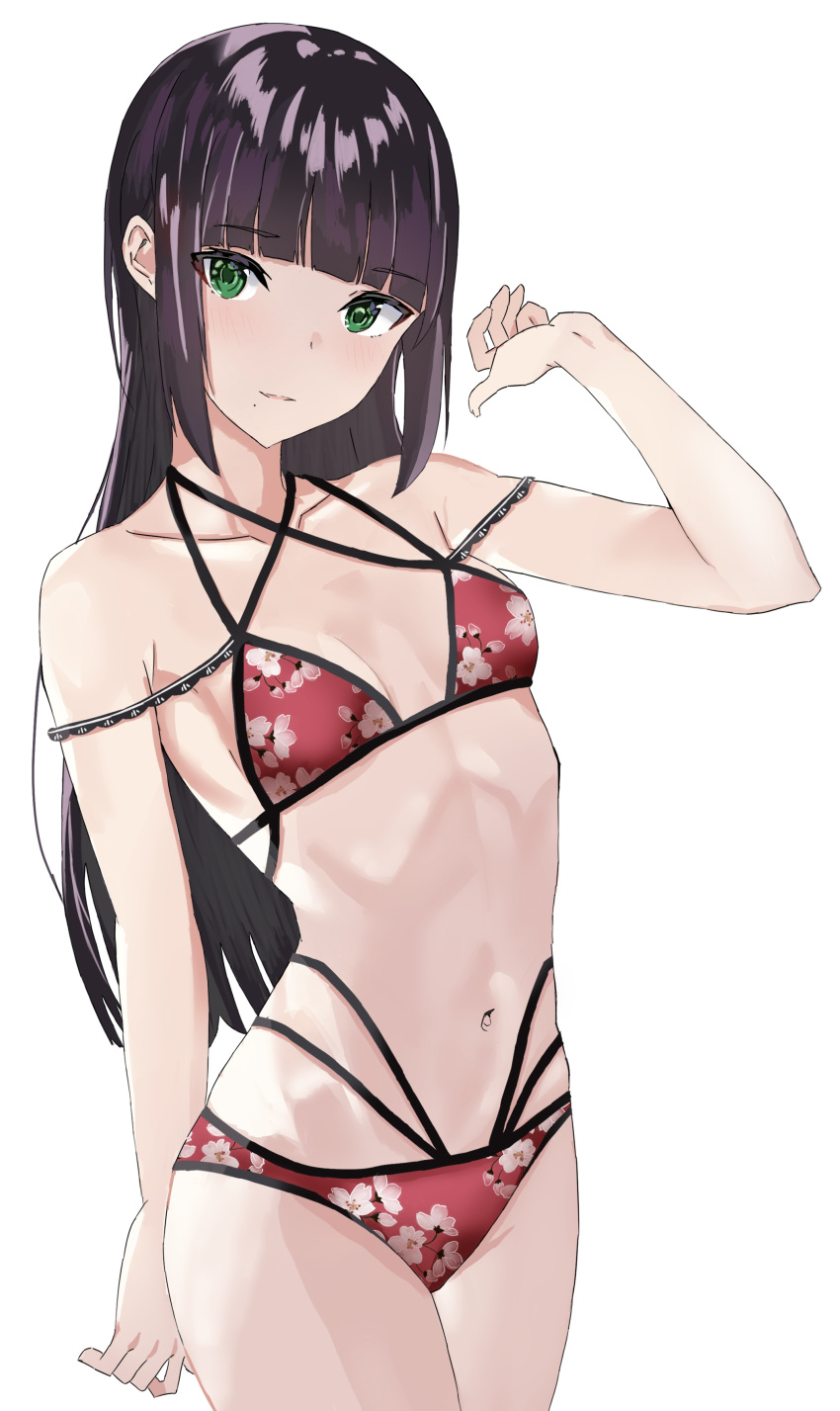 1girl absurdres arm_up bangs bare_arms bikini black_hair blunt_bangs breasts collarbone eyebrows_visible_through_hair floral_print green_eyes halterneck hems5288 highres kurosawa_dia light_blush long_hair looking_at_viewer love_live! love_live!_sunshine!! mole mole_under_mouth multiple_straps navel red_bikini red_swimsuit simple_background small_breasts smile solo swimsuit white_background