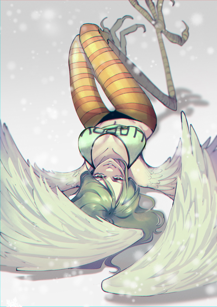 1girl absurdres bird_legs clothes_writing from_above green_hair harpy highres long_hair lying monet_(one_piece) monster_girl on_back one_piece sleeveless smile snowing solo ukari winged_arms wings