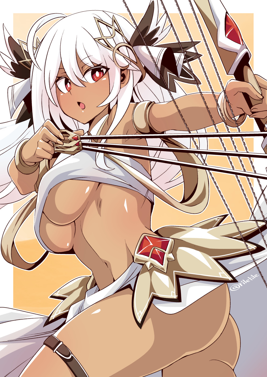 1girl absurdres ahoge artist_name ass bangs black_skin bow_(weapon) breasts colored_skin dancing_archer_tinia eyebrows_visible_through_hair guardian_tales hair_ornament highres holding holding_bow_(weapon) holding_weapon long_hair looking_at_another medium_breasts momohara_rile open_mouth red_eyes strapless thighs under_boob weapon white_hair