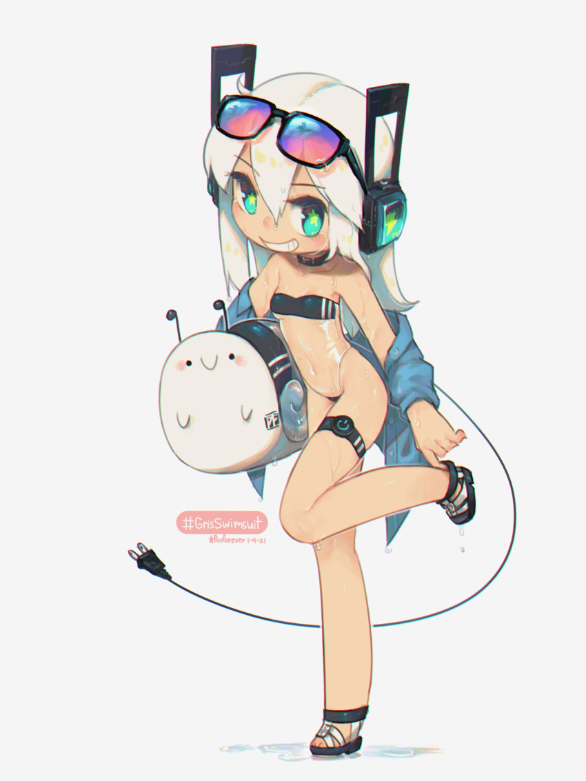 1girl absurdres adjusting_footwear aqua_eyes artist_name bangs bare_shoulders blue_jacket breasts collar commentary dated digitan_(porforever) electric_plug english_commentary eyebrows_visible_through_hair eyewear_on_head full_body grin hair_between_eyes hashtag headphones highres jacket lightning_bolt_symbol looking_at_viewer navel off_shoulder open_clothes open_jacket original porforever sandals see-through see-through_swimsuit simple_background small_breasts smile snail solo standing standing_on_one_leg star-shaped_pupils star_(symbol) sunglasses symbol-shaped_pupils tail thigh_strap water_drop white_background white_hair